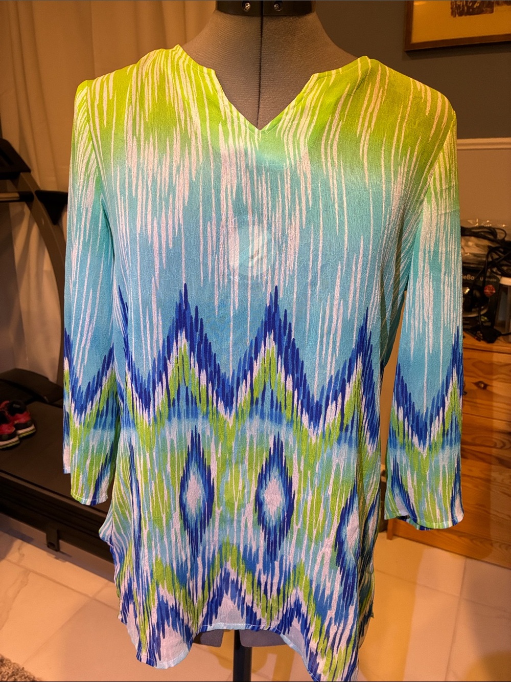 Chico's Green Jagged Design Long Sleeve Sheer Blouse